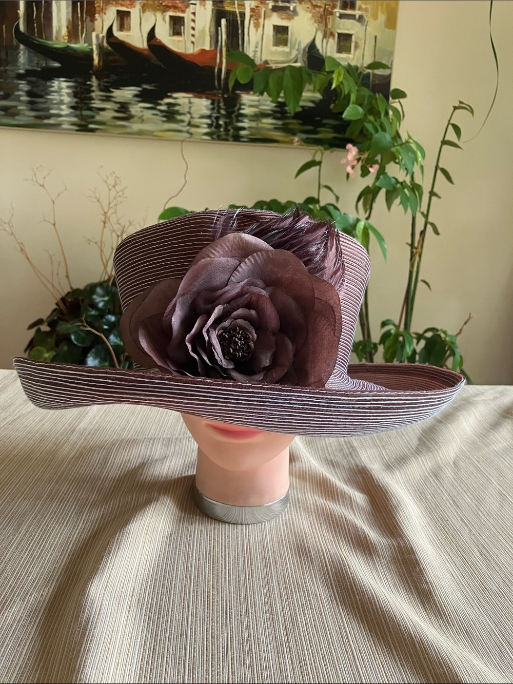 Elegant Women's Striped Brown Flower Accent Wide-Brim Hat